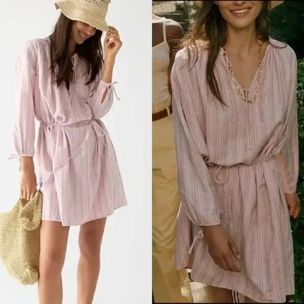J. Crew Re-Imagined Alma Pink Striped Beach Boho Cotton Dress Womens Size L-XL,